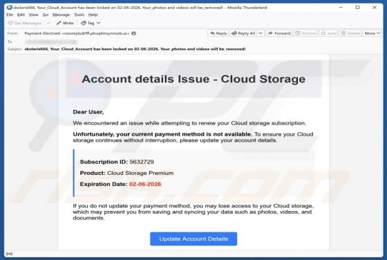 Account Details Issue - Cloud Storage Email Scam