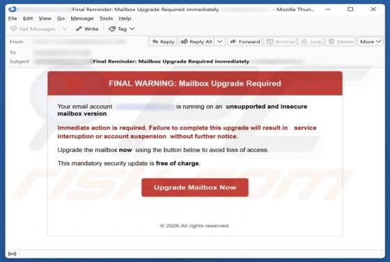 FINAL WARNING: Mailbox Upgrade Required Email Scam