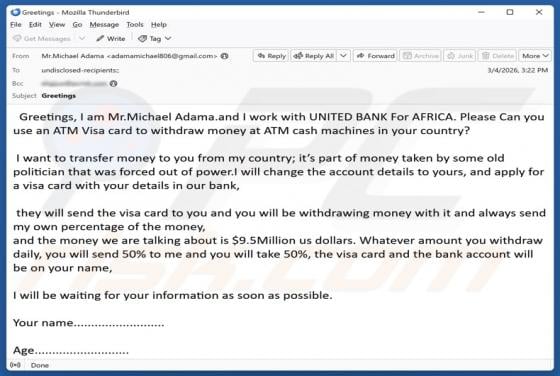 Withdraw Money From ATM Visa Card Email Scam