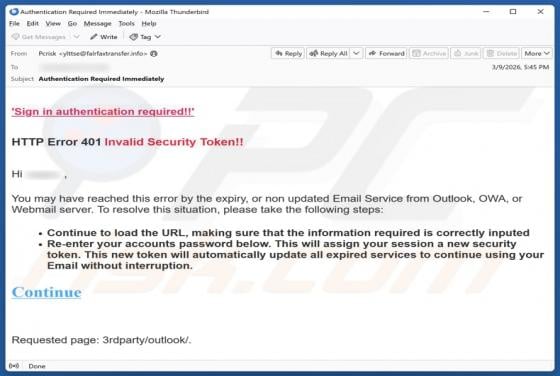 HTTP Error 401 Invalid Security Token Email Scam