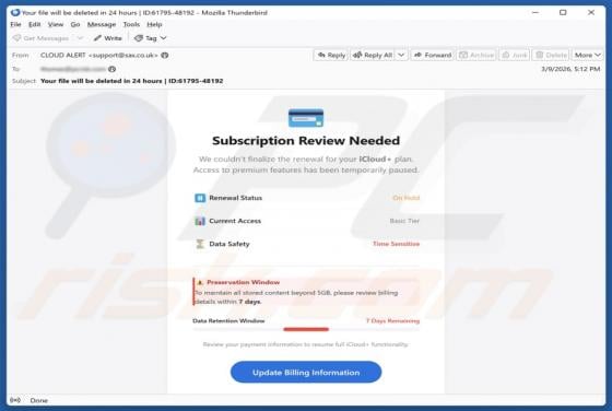 iCloud Subscription Review Needed Email Scam