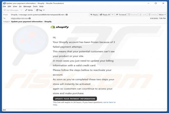 Shopify Account Has Been Frozen Email Scam