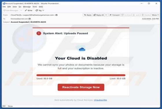 Your Cloud Is Disabled Email Scam