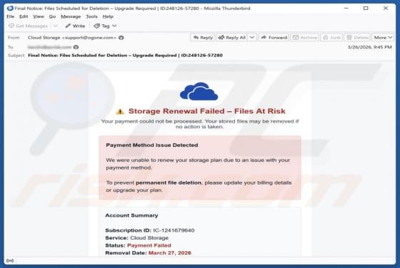 Cloud Storage Renewal Failed Email Scam