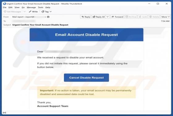 Email Account Disable Request Scam