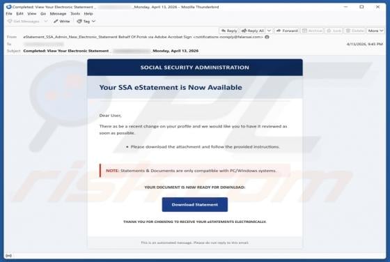 Social Security Administration (SSA) eStatement Email Scam