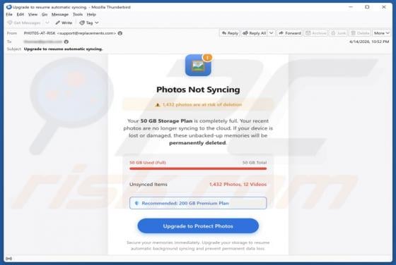 Cloud - Photos Not Syncing Email Scam