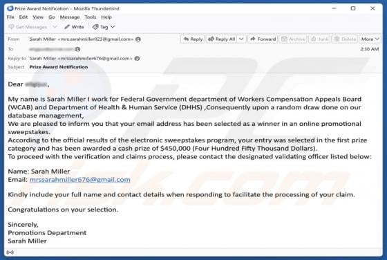 Online Promotional Sweepstakes Email Scam