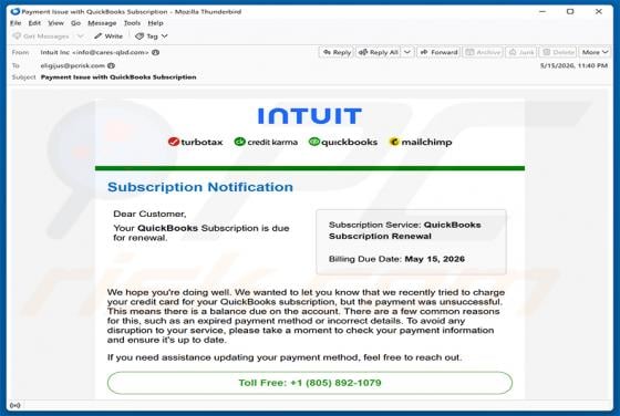 Intuit QuickBooks Subscription Is Due For Renewal Email Scam