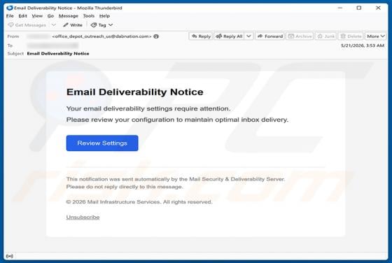Email Deliverability Notice Scam
