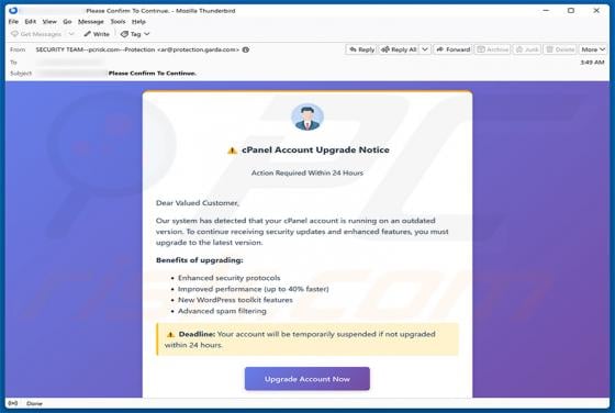 cPanel Account Upgrade Notice Email Scam