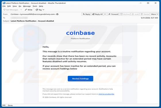 Coinbase - Disablement Of Inactive Accounts Email Scam