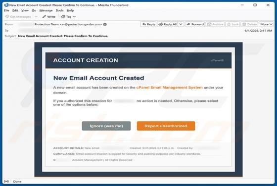 cPanel Account Creation Email Scam
