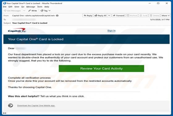 Capital One Card Is Locked Email Scam