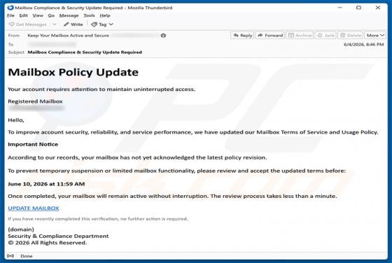 Mailbox Policy Update Email Scam
