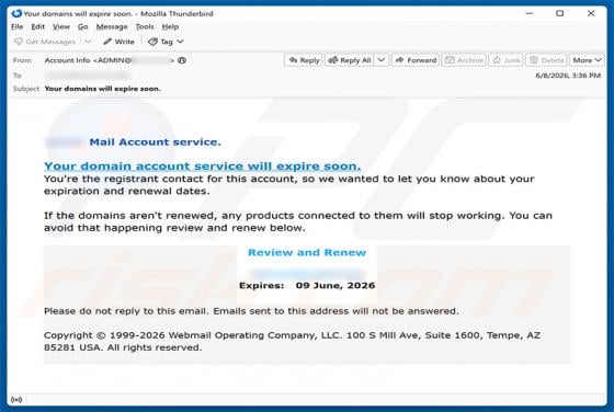 Your Domain Account Service Will Expire Soon Email Scam
