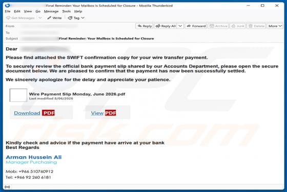 SWIFT Confirmation Copy Email Scam