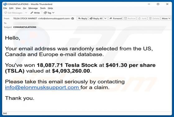 You\'ve Won Tesla Stock Email Scam