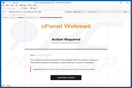 cPanel Final Account Upgrade State Email Scam
