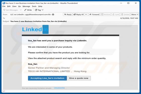 LinkedIn Purchase Inquiry Email Scam