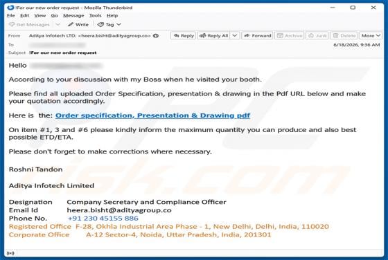 Order Specification, Presentation & Drawing Email Scam