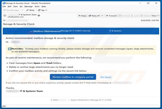 Mailbox Storage & Security Check Email Scam