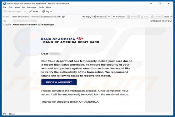 Bank Of America Card Locked Email Scam