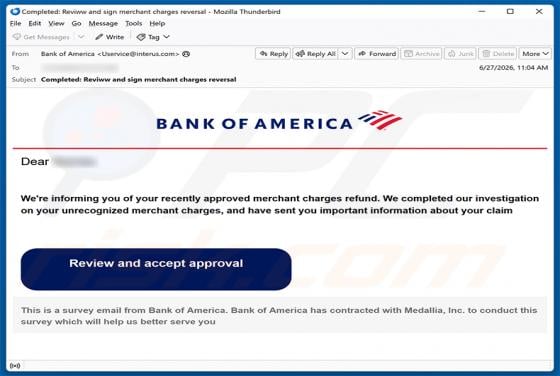 Bank Of America - Merchant Charges Refund Email Scam