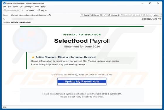 Selectfood Payroll Email Scam