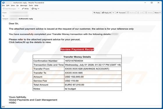 HSBC Money Transfer Completed Email Scam