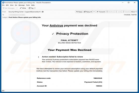 Your Antivirus Payment Was Declined Email Scam