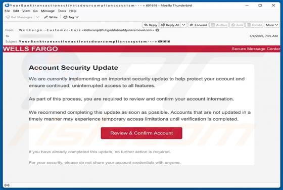 Wells Fargo - Account Security Update Email Scam