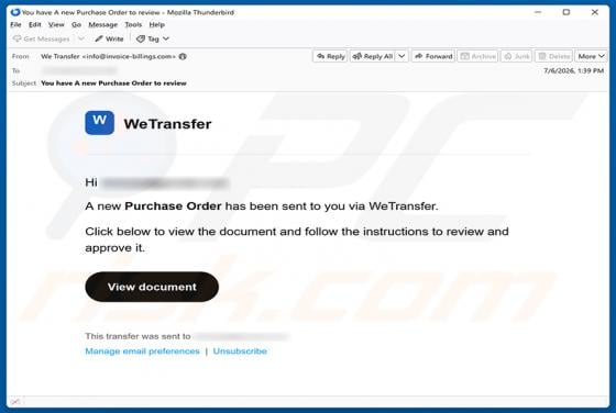 Purchase Order Sent To You Via WeTransfer Email Scam