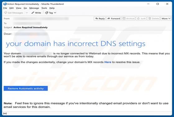 Your Domain Has Incorrect DNS Settings Email Scam