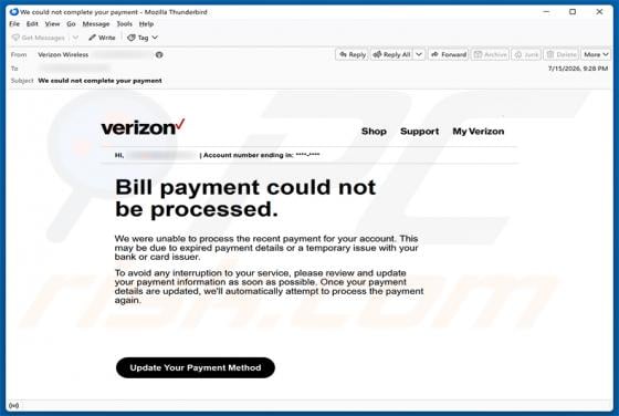 Verizon Bill Payment Could Not Be Processed Email Scam