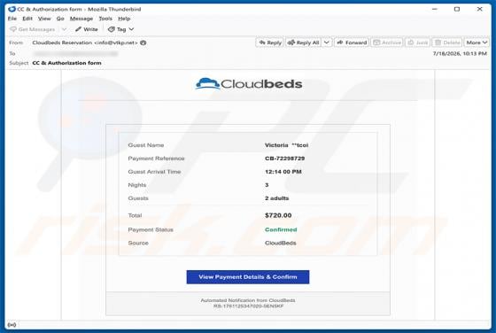 Cloudbeds Payment Details Email Scam