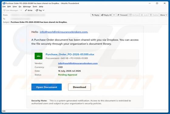 Purchase Order Shared With You Via Dropbox Email Scam