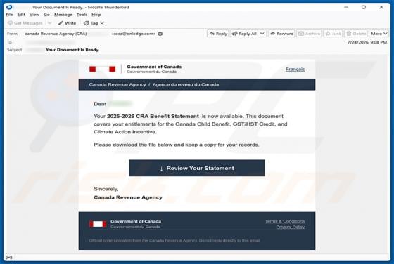 Canada Revenue Agency (CRA) Benefit Statement Email Scam