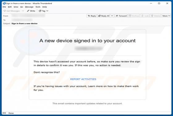 New Device Signed In To Your Account Email Scam