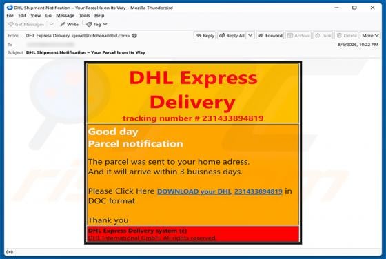 DHL Express - Parcel Sent To Your Home Address Email Scam