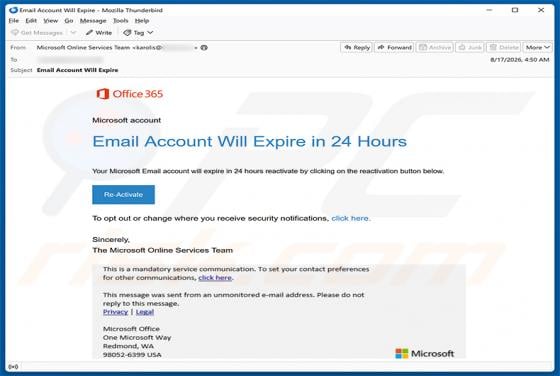 Microsoft Office 365 Email Account Will Expire Scam