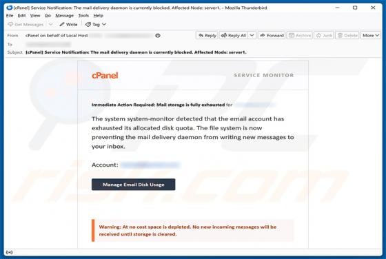 cPanel Disk Quota Exhausted Email Scam