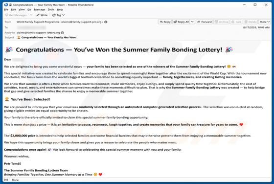 Summer Family Bonding Lottery Email Scam
