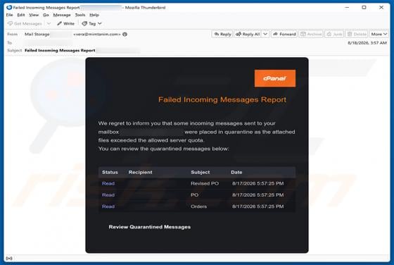 cPanel - Failed Incoming Messages Report Email Scam