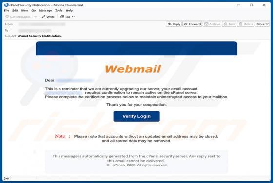 cPanel Server Upgrade Email Scam