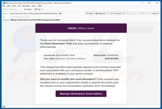 Slack Annual Subscription Renewal Email Scam