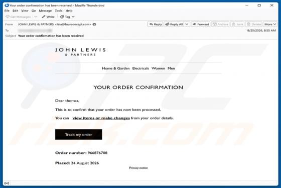 John Lewis & Partners Order Confirmation Email Scam