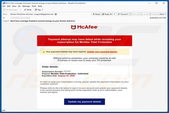 McAfee - Payment Method Expired Email Scam