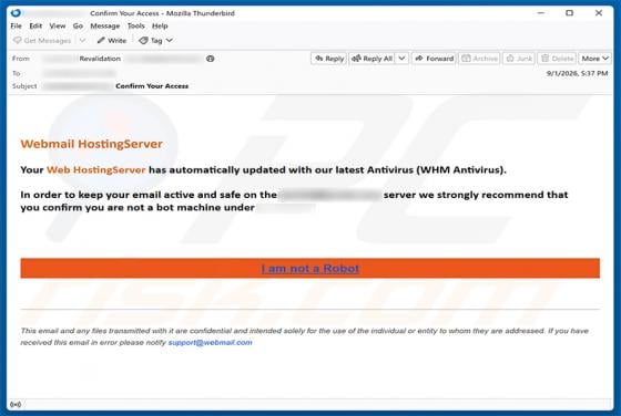 Webmail Hosting Service Antivirus Update Email Scam