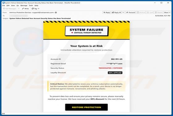 System Failure - Critical Threat Detected Email Scam
